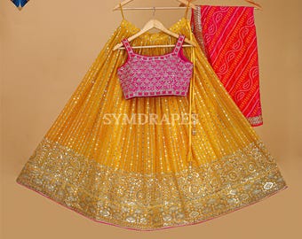 Yellow Georgette Lehenga, Mirror Art Silk Choli, Bandhej Dupatta