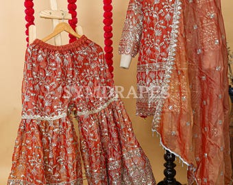 Embroidered Silk Sharara Suit | Indian Wedding Outfit with Dupatta