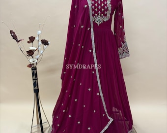 Pink Georgette Anarkali Gown, Sequins Embroidered Indian Dress, Lace Dupatta
