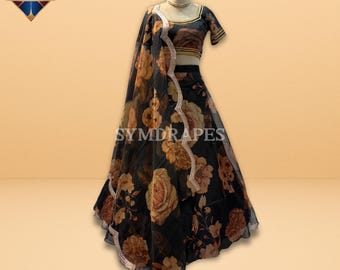 Black Floral Organza Lehenga Choli with Lace Dupatta