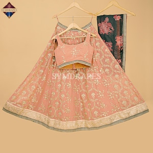 Light Pink Georgette Lehenga Choli for Women Wedding Guest Heavy Embroidered Sequins Zari Thread work with Designer Organza Floral Dupatta