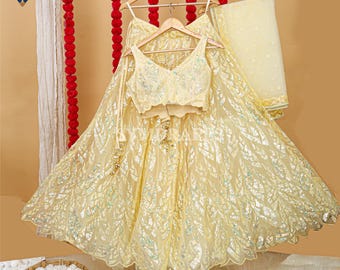 Yellow Sequined Lehenga Choli: Indian Wedding Sangeet Outfit