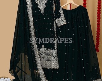 Embroidered Green Georgette Kurta Palazzo Set: Festive Party Dress