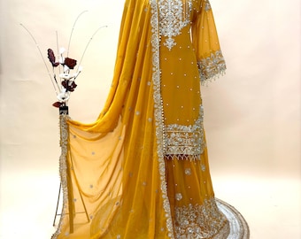 Yellow Sequin Georgette Embroidered Sharara Suit – Indian Wedding Guest Outfit, Party Wear Ethnic Set