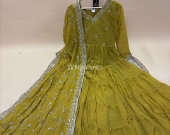 Yellow Sequin Embroidered Anarkali Gown – Indian Wedding Dress with Dupatta