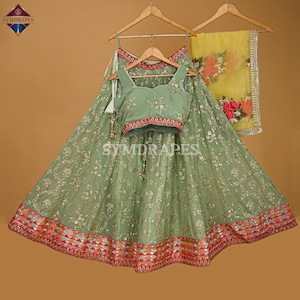 Delightful Pista Georgette Lehenga Choli for Women Heavy Embroidered Sequins Zari Thread work with Designer Organza Floral Dupatta