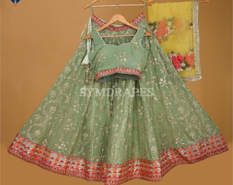 Pista Georgette Lehenga Choli: Embroidered Sequins Zari, Floral Organza Dupatta
