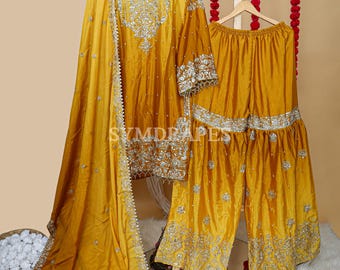 Yellow Embroidered Sharara Suit, Chinon Silk Palazzo, Pakistani Salwar Kameez