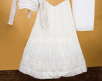 White Embroidered Lehenga Choli – Sequins, Pearl Dupatta, Indian Summer Wedding Dress