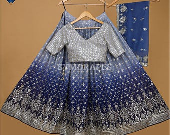 Navy Blue Georgette Lehenga Choli, Embroidered Sequin Zari Work