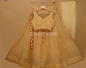 Beige Embroidered Lehenga Choli, Indian Partywear, Georgette Wedding Outfit
