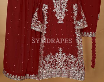 Maroon Embroidered Sharara Set: Georgette Palazzo, Pakistani Partywear