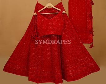 Red Embroidered Lehenga Choli, Indian Wedding Guest Dress