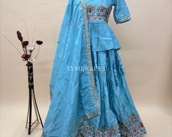 Sky Blue Lehenga Choli | Pakistani Peplum Top, Zari Sequins Embroidery