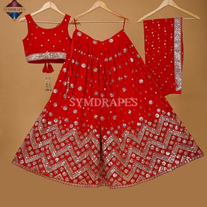 Pleasant Red Georgette Lehenga for women with Soft Net Choli and Dupatta, Heavy Embroidered Sequins Zari Thread Work, Lehenga Top Dupatta