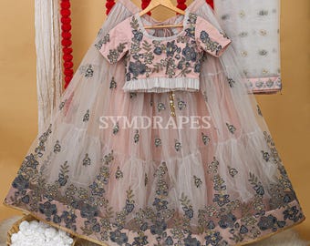 Gray & Pink Net Lehenga Choli: Sequins Zari Embroidered Indian Dress