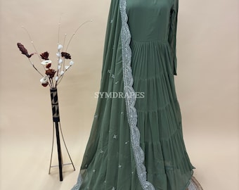 Robe Mehendi Anarkali - Dupatta en dentelle à paillettes, robe de mariée indienne
