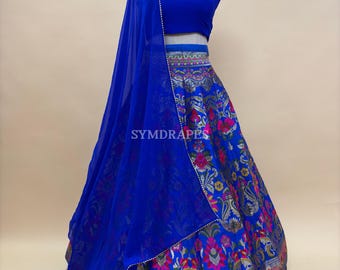 Royal Blue Banarasi Silk Lehenga Choli, Woven Zari Floral, Wedding Guest