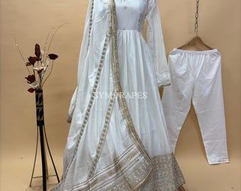 White Anarkali Suit – Chinnon Silk Sequin Embroidered Indian Wedding Dress with Dupatta