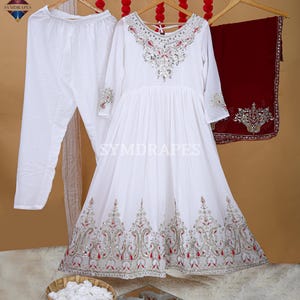 White Heavy Sequin Anarkali Dress – Indian Anarkali Gown for Women, Party & Wedding Suit with Maroon Embroidered Lace Border Dupatta