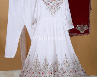 White Sequin Anarkali Dress – Embroidered Indian Gown with Dupatta