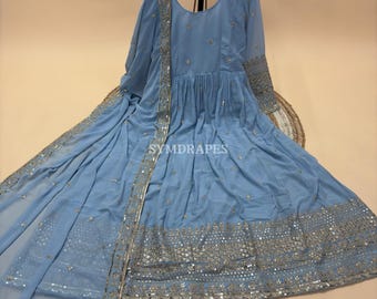 Abito Anarkali in georgette Dusty Sky - Abito da sposa indiano, Dupatta con paillettes