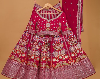Mesmerizing Rani Pink Georgette Lehenga Choli for Women in USA Heavy Embroidered Sequins Zari Thread work, Lehenga Choli Dupatta for Girls