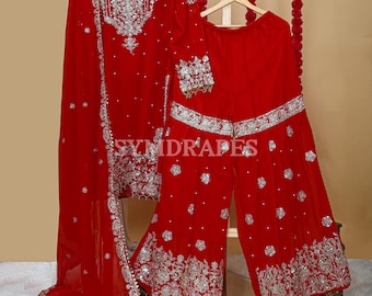 Traje Sharara de Georgette rojo bordado / Traje de boda indio