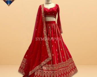 Red Organza Silk Gold Zari Lehenga Choli for Women, Full Sleeve Embroidered Cuffs