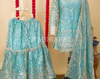 Completo Sharara in seta azzurra / Abito indiano ricamato con paillettes