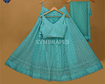 Sky Blue Embroidered Lehenga: Georgette Indian Wedding Guest Dress