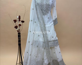 White Silk Sharara Suit for Women: Sequins Embroidered Indian Pakistani Wedding Partywear 3 Piece