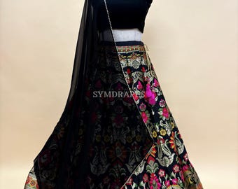 Readytowear Black Banarasi Silk Lehenga Choli, Zari Floral Wedding Party Set