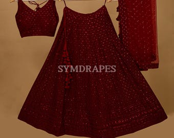 Maroon Georgette Lehenga Choli, Heavy Sequins Embroidered Thread Work