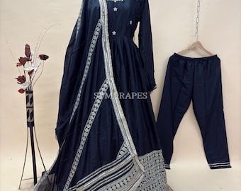 Robe noire brodée de sequins Anarkali - Robe de mariée indienne avec dupatta