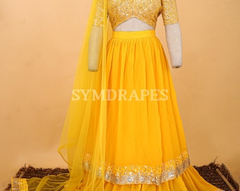 Yellow Georgette Lehenga Choli – Sequins & Zari Embroidered Indian Outfit