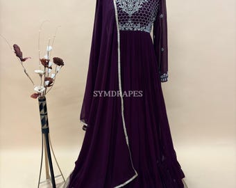 Abito Anarkali in georgette color vino – Abito da sposa indiano ricamato con dupatta