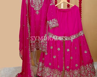 Fuchsia Pink Embroidered Sharara Suit | Georgette Kurta Dupatta Set
