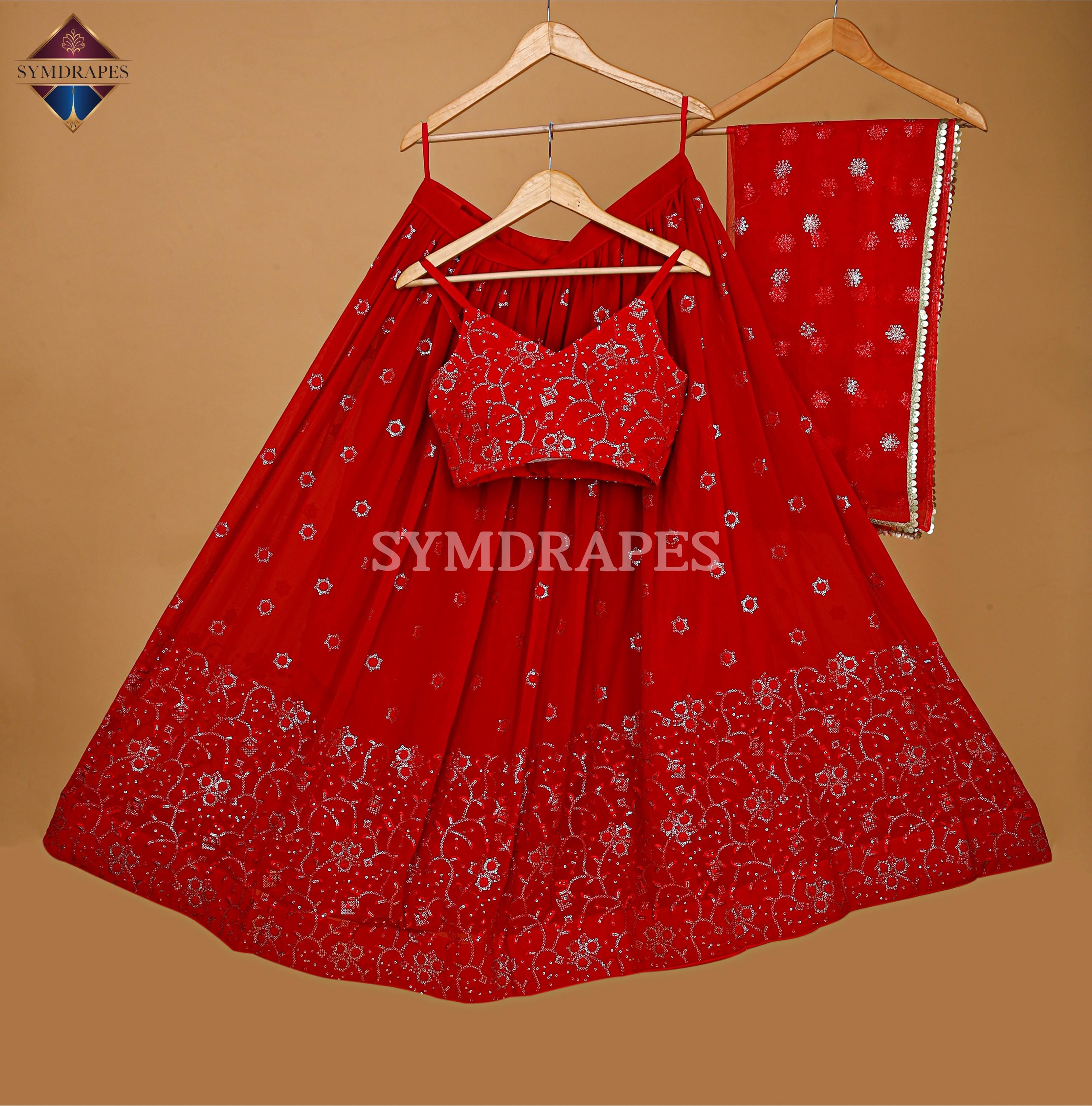 Glamorous Red Georgette Lehenga Choli for women with Soft Net Dupatta, Heavy Embroidered Sequins Zari Thread Work, Spaghetti Style Choli