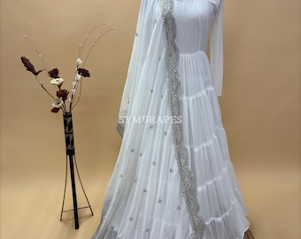 White Georgette Anarkali Gown – Indian Wedding Dress, Sequin Lace Dupatta