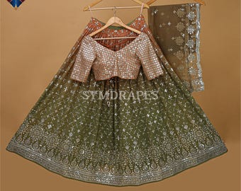 Mehndi Green Lehenga Choli: Georgette Embroidered Indian Wedding Dress
