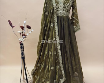 Robe brodée en georgette Anarkali - Robe de soirée de mariage indienne, dentelle Dupatta