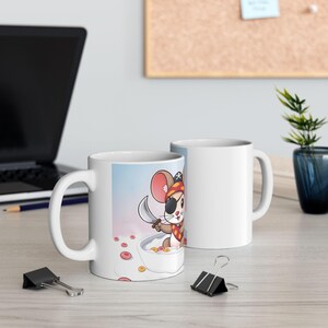 Ceramic Mug, Cute Mouse with Sword on Cereal Bowl, Kids Funny Coffee Cup, Children's Tea Mug, Cartoon Animal Hot Chocolate Mug, Unique Gift