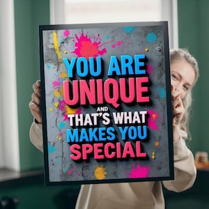Inspirational Colorful Wall Art - Motivational Quote &#39;You Are Unique&#39; - Modern, Vibrant Typography Art for Home, Office & Classroom Decor