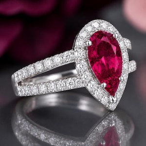 4 CT Lab Ruby Pear Engagement Ring |  14K White Gold Moissanite Halo