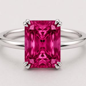 6.5 Carat Ruby Solitaire Ring | Emerald Cut Pink Red Ruby | 14K Gold Ring