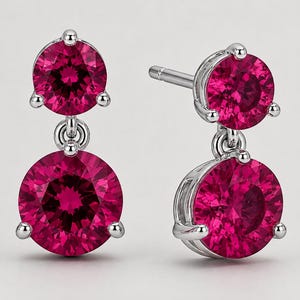 Lab-Created Ruby Drop Earrings | 14K White Gold, Graduated Round Cut