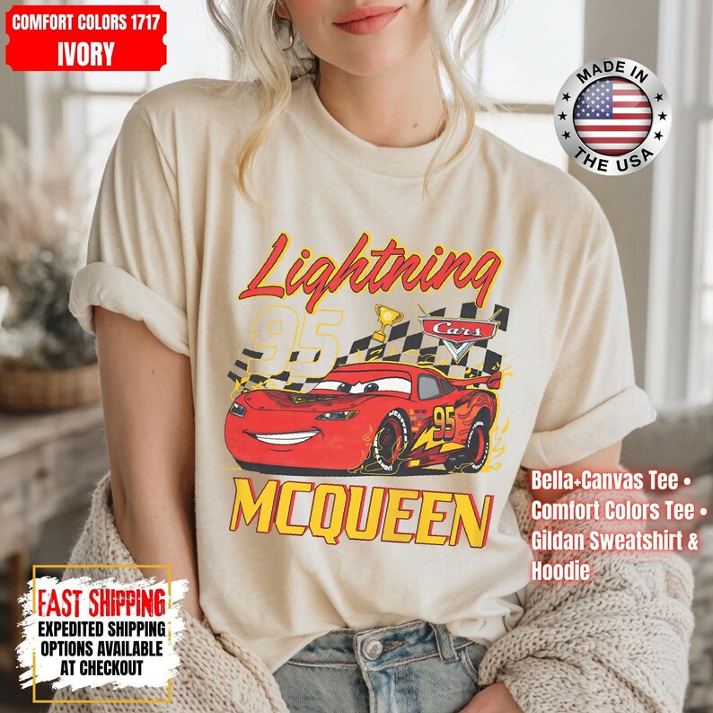 Camiseta vintage de Rayo McQueen Comfort Colors, camiseta de Disney Pixar Cars, camiseta retro con estampado de McQueen, camiseta para viaje de vacaciones familiares de Disney 2026 imagen 5
