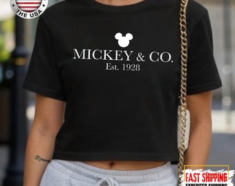 Top corto Mickey & Co 1928, camiseta corta vintage de Disney, Mickey y compañía, familia Disneyworld, top corto de Mickey y sus amigos