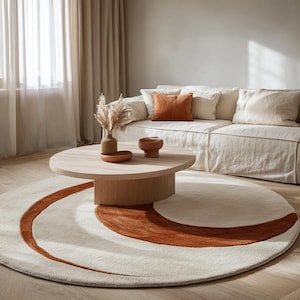 6x6 Round Modern Abstract Rug – Cream & Rust Minimalist Carpet for Entryway Decor | Soft Handmade Wool Rug | Boho Circle Area Rug